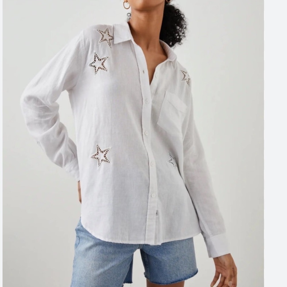 Rails Charli linen blend button-down shirt metallic star embroidery never worn